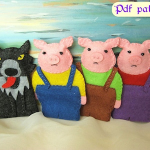 Three Little Pigs felt finger puppet PDF pattern and step by step instructions with full color photos, available as a digital download.