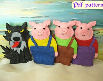 Three Little Pigs felt finger puppet PDF pattern and step by step instructions with full color photos, available as a digital download.