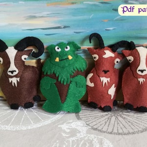 Three Billy Goats Gruff felt finger puppet PDF pattern and step by step instructions with full color photos, available as a digital download