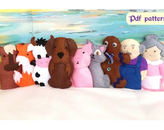 Felt Finger Puppet PDF Pattern: Gingerbread Man & Farm Animals (Digital Download)