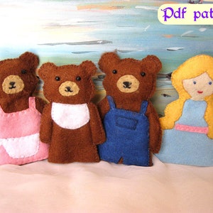 Goldilocks and the Three Bears felt finger puppet PDF pattern and step by step instructions with full color photos - digital download.
