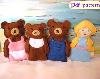Goldilocks and the Three Bears felt finger puppet PDF pattern and step by step instructions with full color photos - digital download.