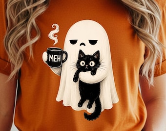 Ghost Holding Black Cat Shirt, Meh Coffee Ghost Halloween Shirt, Funny Spooky Cat Tee, Cute Halloween Sweatshirt Hoodie, Fall Shirt