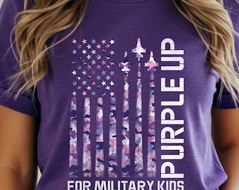 Military Child Month T-Shirt | Purple Up Flag Tee | For Military Kids, Fighter Jet