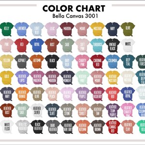 Puede incluir: Carta de colores para camisetas Bella Canvas 3001, mostrando una variedad de colores, incluyendo jaspeado, azul marino, rojo, blanco, negro, y m&aacute;s.
