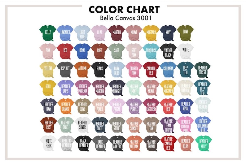 Puede incluir: Carta de colores para camisetas Bella Canvas 3001, mostrando una variedad de colores, incluyendo jaspeado, azul marino, rojo, blanco, negro, y m&aacute;s.