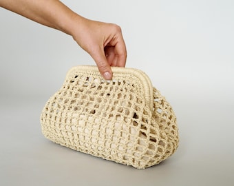 Raffia Clutch Purse - Liten stråväska med linnepåse