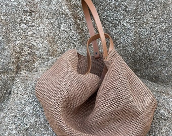 Handmade Raffia Tote Bag: Natural Woven Beach Bag with Leather Handles