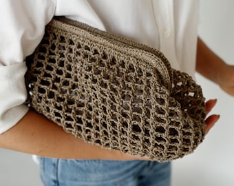 Pochette en raphia au crochet : sac à main d'été en paille tressée avec pochette en lin