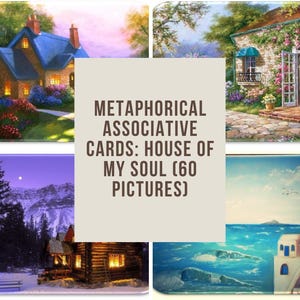 May include: A set of four decorative cards featuring painted images of houses in various settings. The cards include a house with a blue roof, a house with an open door, a cabin in a snowy landscape, and a coastal house. Text on the cards reads "METAPHORICAL ASSOCIATIVE CARDS: HOUSE OF MY SOUL (60 PICTURES)".