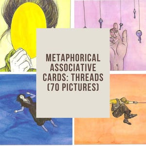 Puede incluir: Un conjunto de "Tarjetas Asociativas Metafóricas: Threads (70 Imágenes)" con cuatro ilustraciones en acuarela. Las imágenes incluyen una persona con una cara amarilla, una mano que alcanza llaves, una persona en el agua y una persona tirando de una cuerda.