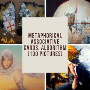 May include: A collection of four paintings with a central text overlay. The paintings depict surreal scenes, including a knight, a target with animals, a person in a desert, and a figure in a suit. The text reads "METAPHORICAL ASSOCIATIVE CARDS: ALGORITHM (100 PICTURES)".
