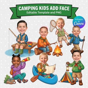 Puede incluir: Un conjunto gráfico digital titulado CAMPING KIDS ADD FACE Editable Template and PNG con niños de dibujos animados en equipo de camping. Los personajes pescan, asan malvaviscos, hacen senderismo, usan un telescopio, navegan en canoa y sostienen una linterna.