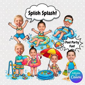 May include: A digital illustration featuring six children with large heads and realistic faces in a pool setting. The text reads Splish Splash! and Pool Party Fun! The scene includes colorful swimsuits, inflatable rings, a beach ball, and a red umbrella.