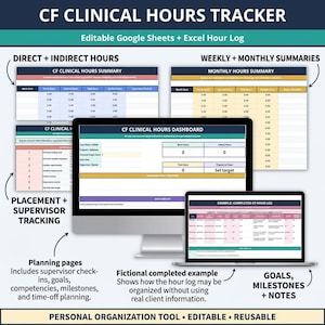 Könnte beinhalten: Ein digitaler CF Clinical Hours Tracker für Google Sheets und Excel. Die Anzeige zeigt ein Dashboard, wöchentliche und monatliche Zusammenfassungen, Praktikumsverfolgung und ein ausgefülltes Beispielprotokoll. Text: CF CLINICAL HOURS TRACKER.