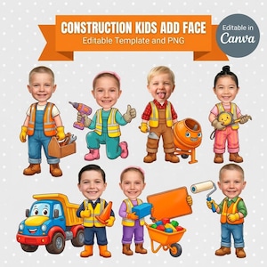 Può includere: Un set grafico digitale intitolato CONSTRUCTION KIDS ADD FACE che mostra otto bambini in stile cartone animato vestiti con abbigliamento da cantiere. I personaggi interagiscono con strumenti come trapano, betoniera e carriola.