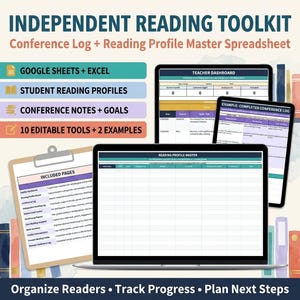 Puede incluir: Un conjunto de hojas de cálculo digitales para Google Sheets y Excel para el seguimiento de lectura independiente. Incluye un panel para docentes, perfiles de lectura, registros de conferencias y rastreadores de objetivos. Muestra una lista de páginas y pantallas de ordenador con tablas de datos.