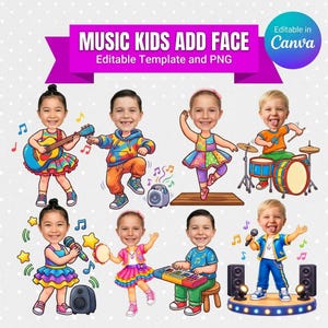 May include: A digital graphic set featuring eight cartoon children in various musical poses, including playing guitar, drums, keyboard, and singing. The text reads MUSIC KIDS ADD FACE Editable Template and PNG. The characters wear colourful clothing.
