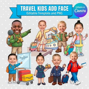 May include: A digital graphic featuring cartoon illustrations of children in travel-themed outfits with various luggage, including suitcases and backpacks. The text reads TRAVEL KIDS ADD FACE Editable Template and PNG. The design is set against a light gray background with white polka dots.