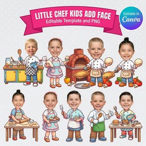 May include: A digital graphic set featuring nine cartoon children dressed as chefs, each with a large head and smiling face. The characters are shown baking with items like pizza ovens, rolling pins, bowls, and cupcakes. Text reads LITTLE CHEF KIDS ADD FACE.