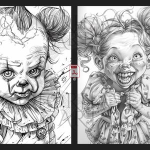 May include: Black and white illustration of two children with exaggerated features. The child on the left is dressed as a clown with a ruffled collar and a mischievous expression. The child on the right is wearing a dress with a heart pattern and has a wide, toothy grin.