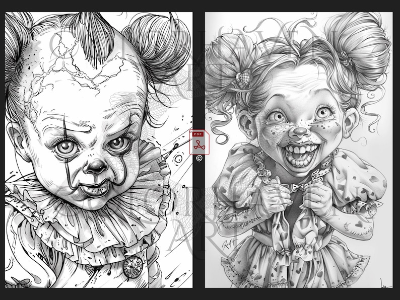 May include: Black and white illustration of two children with exaggerated features. The child on the left is dressed as a clown with a ruffled collar and a mischievous expression. The child on the right is wearing a dress with a heart pattern and has a wide, toothy grin.