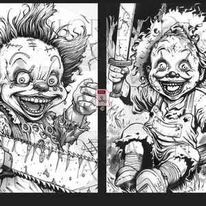 May include: Black and white illustration of a creepy clown with a chainsaw. The clown is wearing a tattered outfit and has a wide, toothy grin. The image is drawn in a graphic style.