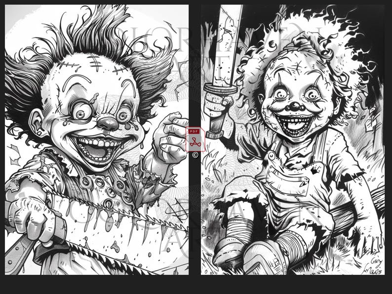 May include: Black and white illustration of a creepy clown with a chainsaw. The clown is wearing a tattered outfit and has a wide, toothy grin. The image is drawn in a graphic style.