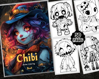 Op de afbeelding: Een kleurboekomslag met een kleurrijke illustratie van een chibi-personage met een grote hoed en een ondeugende grijns. Het boek is getiteld "Chibi Anime Kleurboek" en heeft een griezelig Halloween-thema. De omslag bevat ook zwart-wit illustraties van andere chibi-personages.