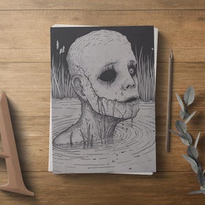 May include: A black and white illustration of a person's head submerged in water. The person's face is distorted and appears to be decaying. The illustration is drawn in a realistic style.
