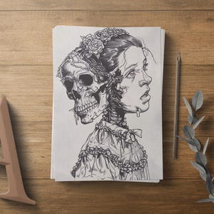 May include: Black and white line drawing of a woman with a skull attached to her head. The woman is wearing a floral crown and a dress with lace trim. The skull has a detailed design and is connected to the woman's head by vines.