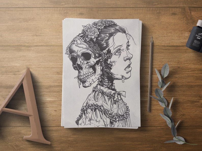 May include: Black and white line drawing of a woman with a skull attached to her head. The woman is wearing a floral crown and a dress with lace trim. The skull has a detailed design and is connected to the woman's head by vines.