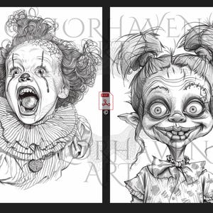 May include: Black and white line art illustration of two creepy children. The first child is a clown with curly hair and a wide open mouth. The second child has large eyes, pointed ears, and a mischievous grin.