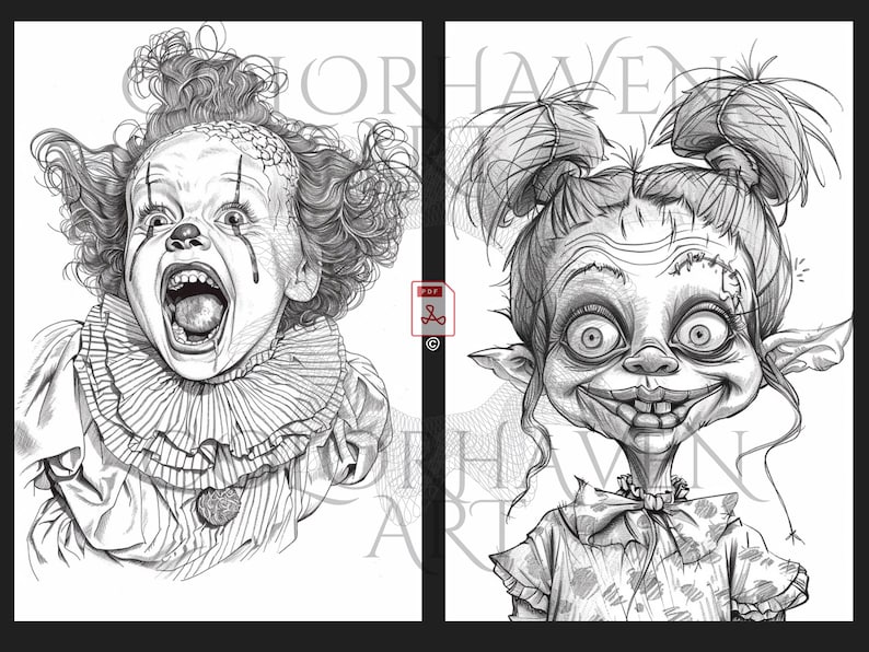 May include: Black and white line art illustration of two creepy children. The first child is a clown with curly hair and a wide open mouth. The second child has large eyes, pointed ears, and a mischievous grin.