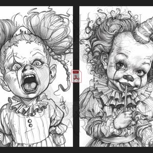 May include: Two black and white pencil drawings of creepy dolls. The doll on the left is screaming with her mouth open and has pigtails. The doll on the right is a clown doll with a lollipop in her hand and a mischievous smile.