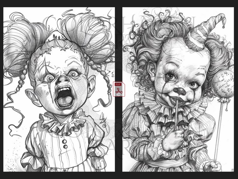 May include: Two black and white pencil drawings of creepy dolls. The doll on the left is screaming with her mouth open and has pigtails. The doll on the right is a clown doll with a lollipop in her hand and a mischievous smile.