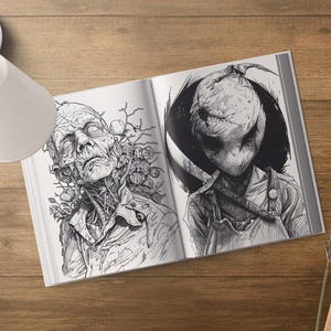 May include: A black and white illustration of two creepy characters. The first character is a man with a long, thin neck and a face that appears to be decaying. The second character is a child with a large, round head and a stitched-up mouth.