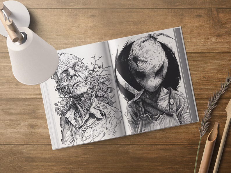 May include: A black and white illustration of two creepy characters. The first character is a man with a long, thin neck and a face that appears to be decaying. The second character is a child with a large, round head and a stitched-up mouth.
