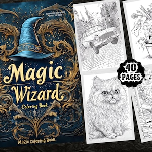 May include: A "Magic Wizard Coloring Book" with a blue wizard's hat and gold detailing. The cover displays the title in gold lettering. Inside, there are 40 pages of black and white illustrations, including a car, a cat, an owl, and a screaming plant.
