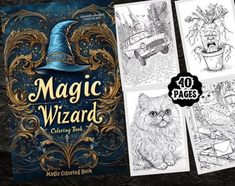 Whimsical Wizard Coloring Book, 40 Printable Pages (PDF)