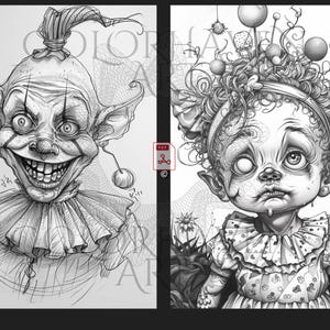 May include: A black and white illustration of two creepy clowns. The clown on the left has a wide, toothy grin and large ears. The clown on the right has a sad expression and a single eye. Both clowns are wearing ruffled collars.