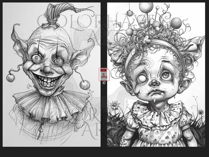 May include: A black and white illustration of two creepy clowns. The clown on the left has a wide, toothy grin and large ears. The clown on the right has a sad expression and a single eye. Both clowns are wearing ruffled collars.