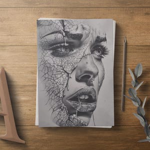 May include: A black and white pencil drawing of a woman's face with cracked skin. The woman's eyes are closed and her mouth is open in a scream. The drawing is on a white sheet of paper.