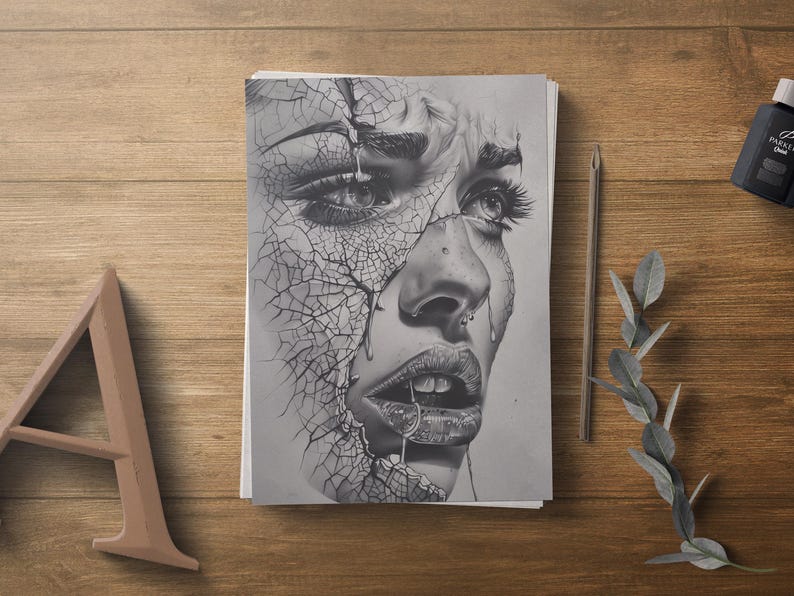 May include: A black and white pencil drawing of a woman's face with cracked skin. The woman's eyes are closed and her mouth is open in a scream. The drawing is on a white sheet of paper.