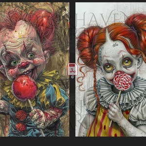 May include: Two creepy clown illustrations with red hair, white makeup, and red and white striped clothing. Both clowns are holding lollipops. The clown on the left is holding a red lollipop and has a bloody hand. The clown on the right is holding a red and white striped lollipop.