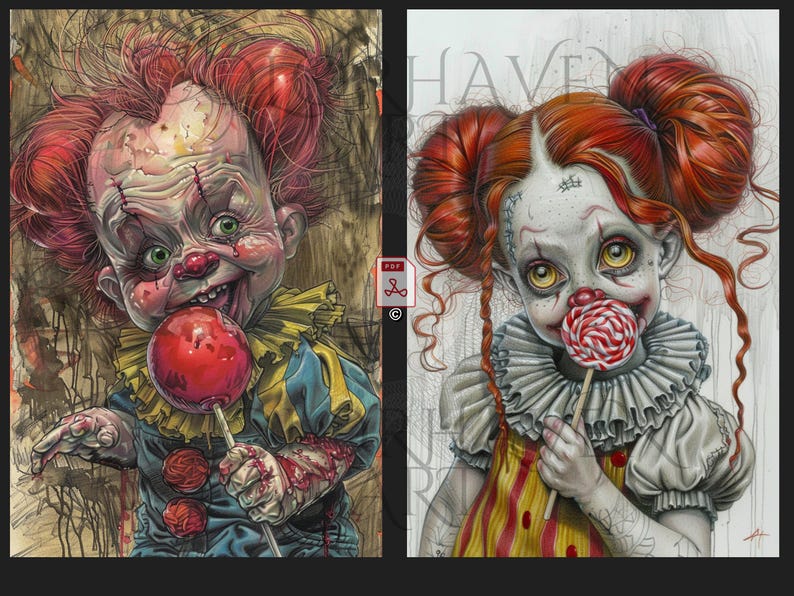 May include: Two creepy clown illustrations with red hair, white makeup, and red and white striped clothing. Both clowns are holding lollipops. The clown on the left is holding a red lollipop and has a bloody hand. The clown on the right is holding a red and white striped lollipop.