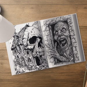 May include: A black and white illustration of a skull inside a crumbling building and a zombie-like creature peering out of a doorway.