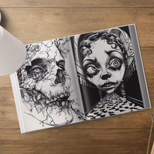May include: Black and white illustration of a skull with vines and flowers growing from it, and a girl with a creepy expression looking down a hallway with a checkered floor.