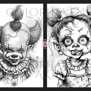 May include: Black and white line art illustration of two creepy clown characters. The first character is a clown with a stitched face and a red nose. The second character is a girl with a stitched face and a mischievous grin.