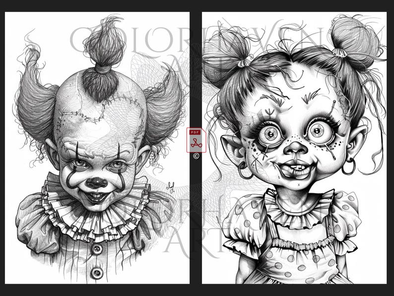 May include: Black and white line art illustration of two creepy clown characters. The first character is a clown with a stitched face and a red nose. The second character is a girl with a stitched face and a mischievous grin.